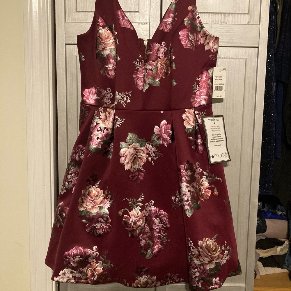 Macy’s juniors party dress size 13, wine/silver, brand new with tags, paid $69